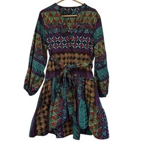 DIYANU Dress Medium Multicolor Geometric Knee Length Long Sleeve Button Front